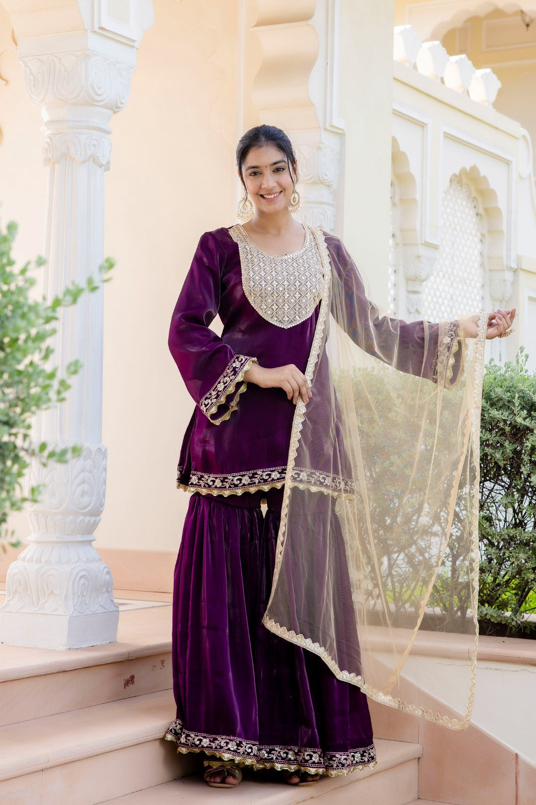 Noorani Velvet Embroidered Sharara Set