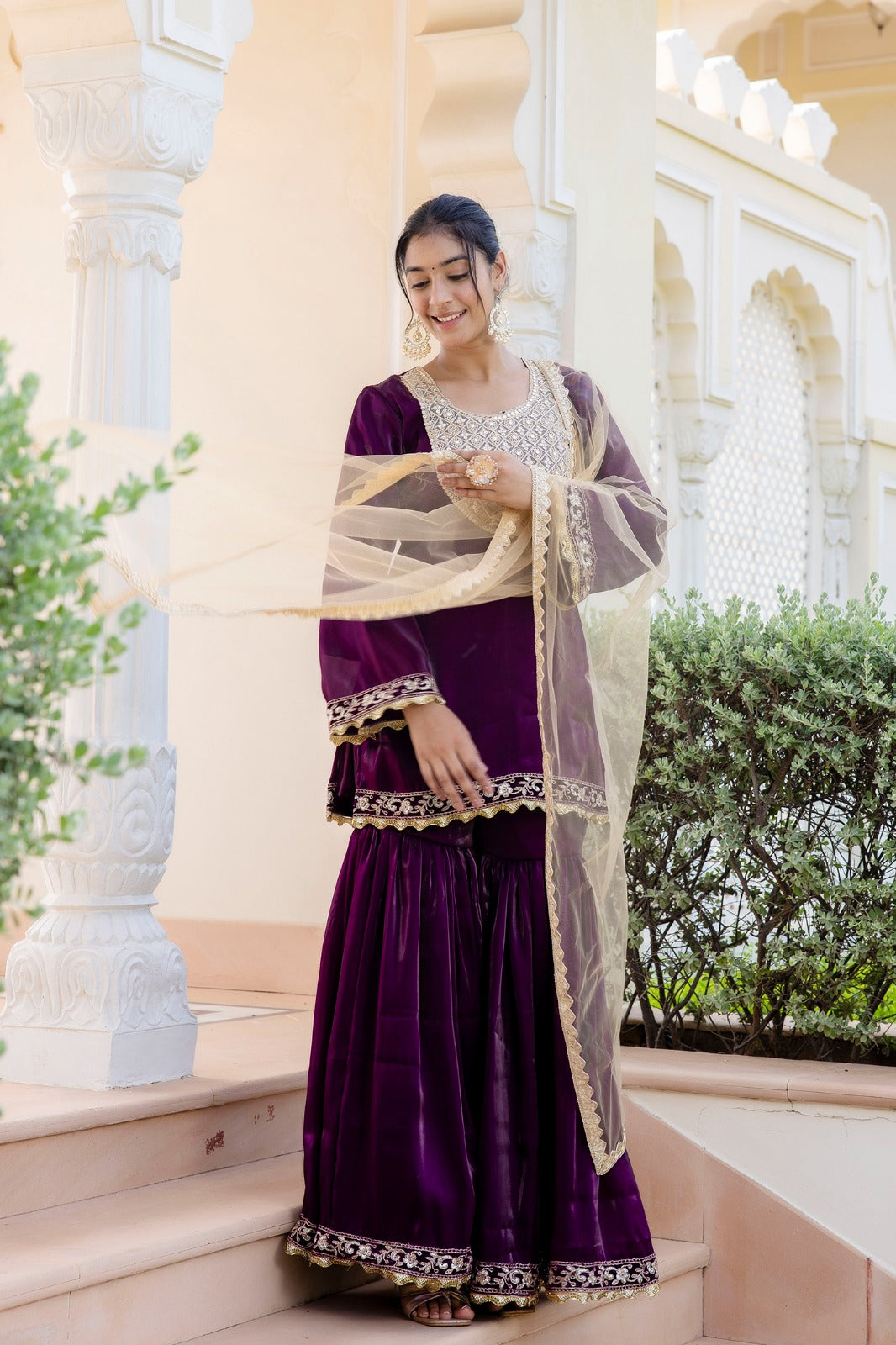 Noorani Velvet Embroidered Sharara Set