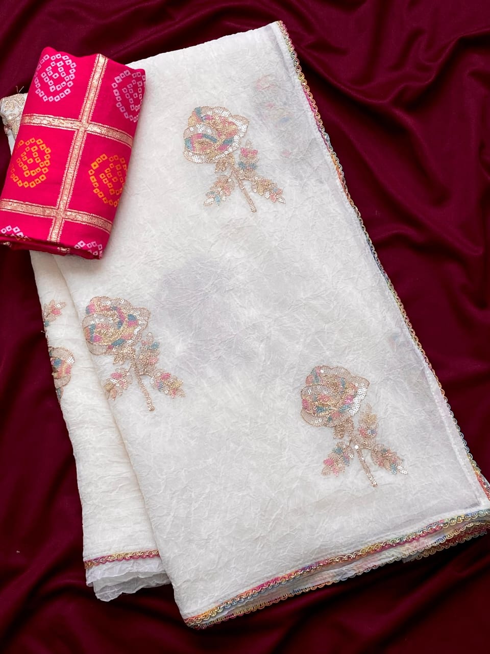 Crushed Embroidered Floral Saree