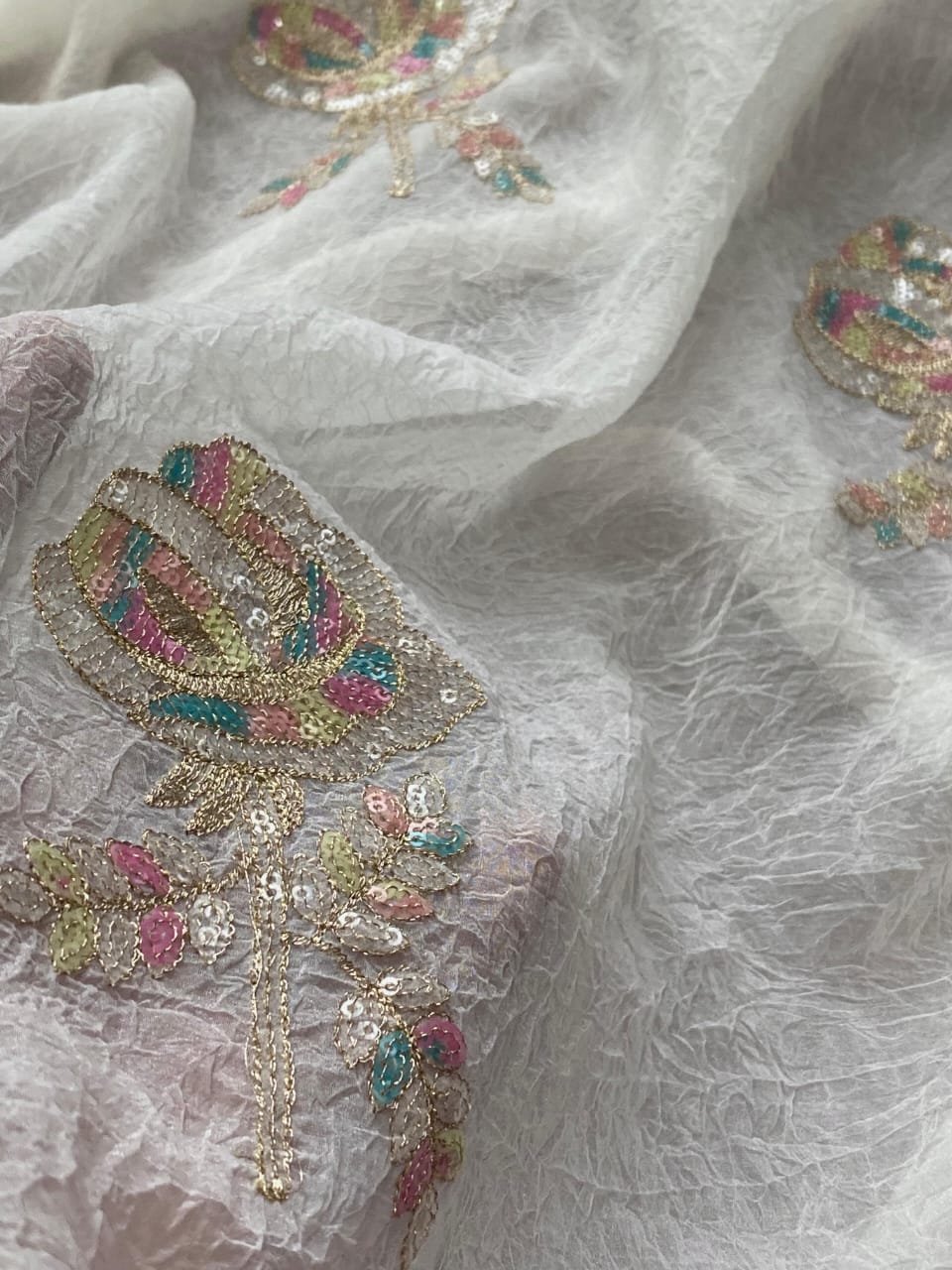 Crushed Embroidered Floral Saree
