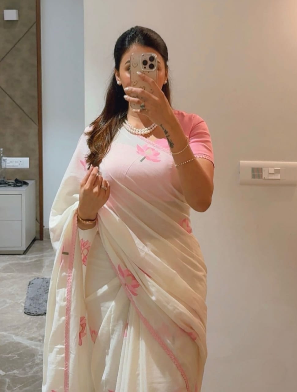 Lotus Pearl Handblock Cotton Saree