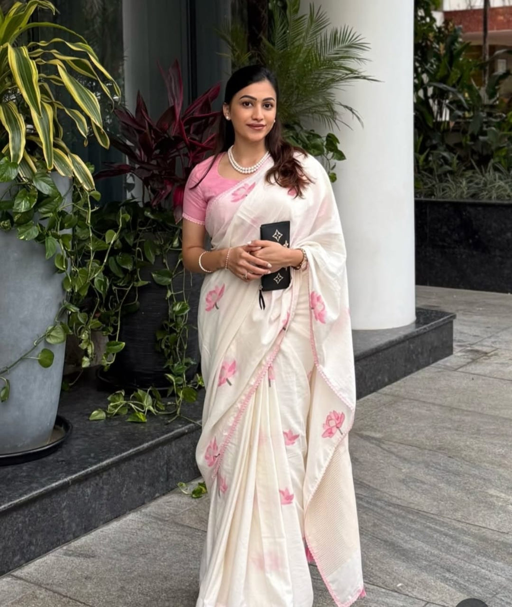 Lotus Pearl Handblock Cotton Saree