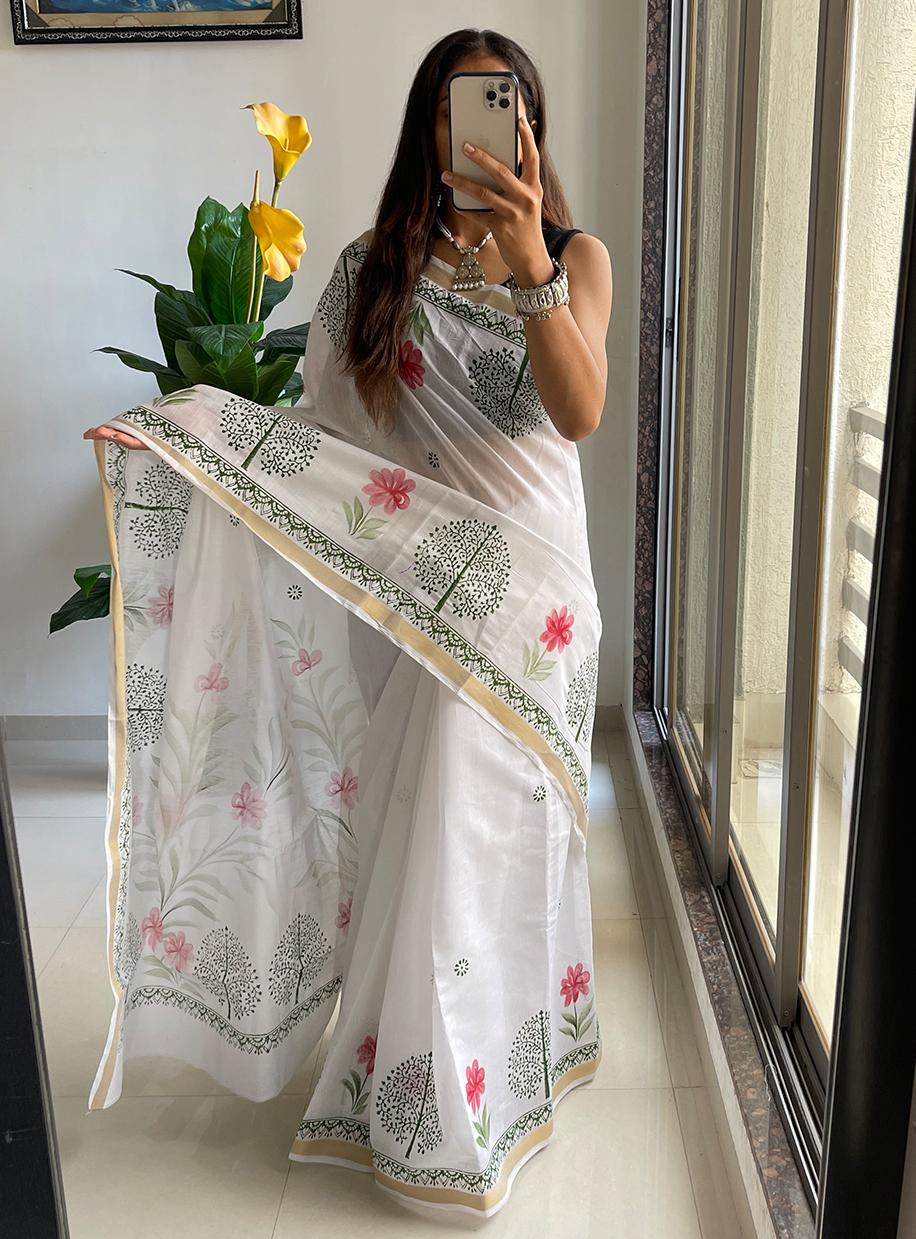 White Meadow Handblock Saree