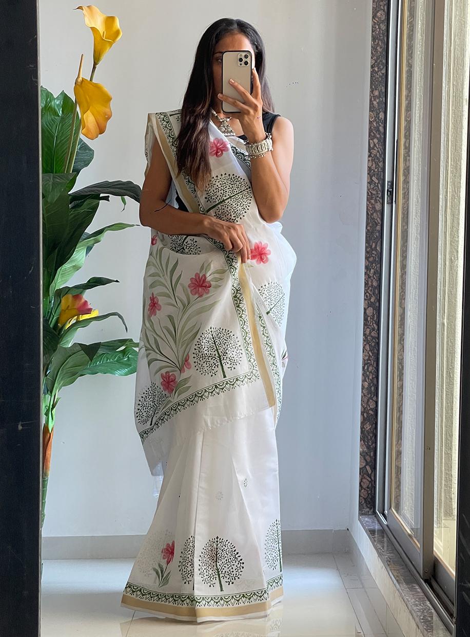 White Meadow Handblock Saree