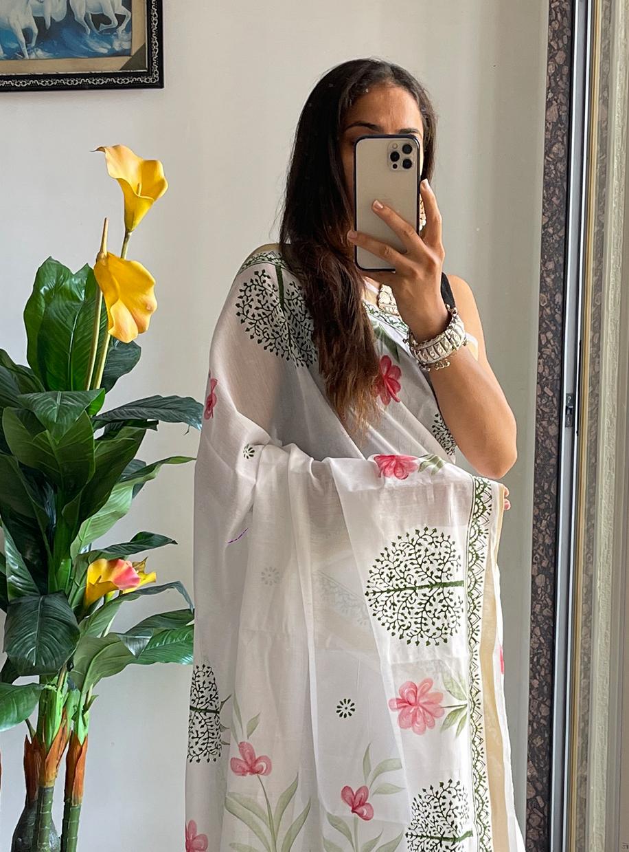 White Meadow Handblock Saree