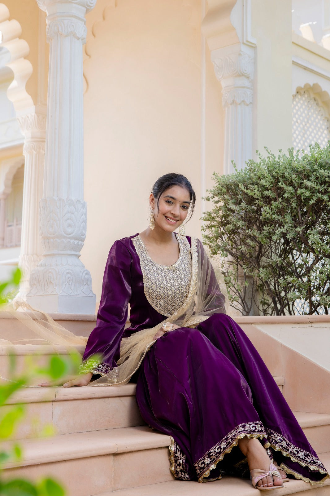 Noorani Velvet Embroidered Sharara Set